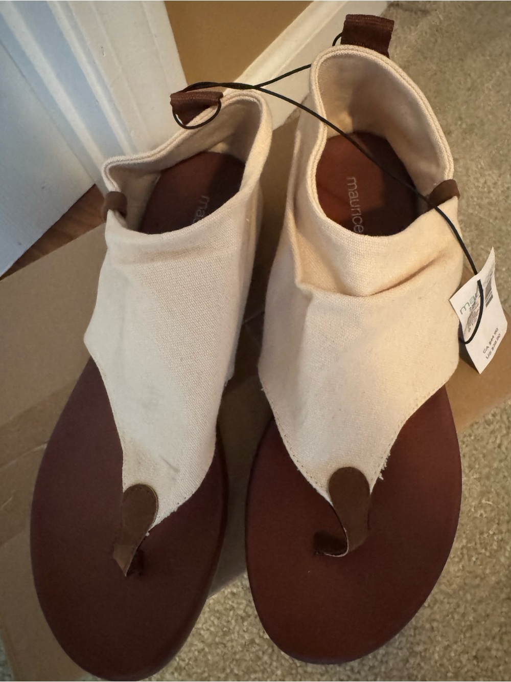 Maurices Cream and Brown Canvas Thong Sandals for Women